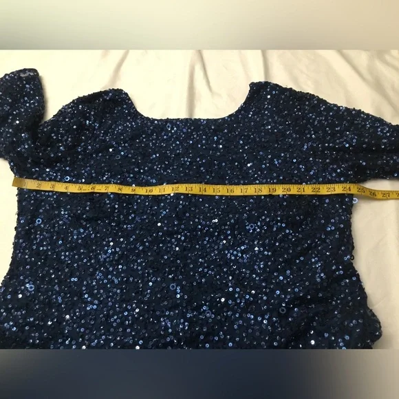 ADRIANNA PAPELL Blue and Silver Embellished Gown with Scoop Neckline - Picture 4 of 16